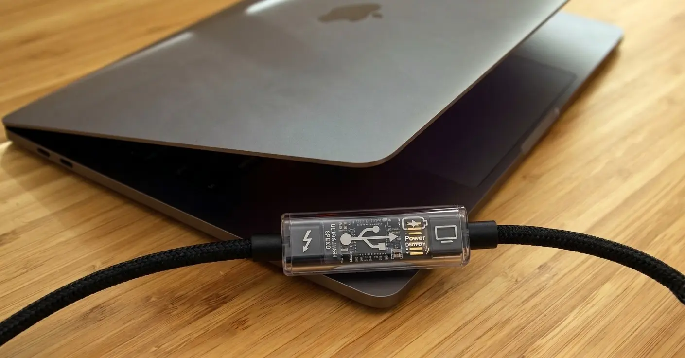 What's normally hidden inside a USB-C cable Cutaway illustration of a USB-C cable showing the e-marker chip and icons for Thunderbolt, USB data, power delivery, and DisplayPort capability