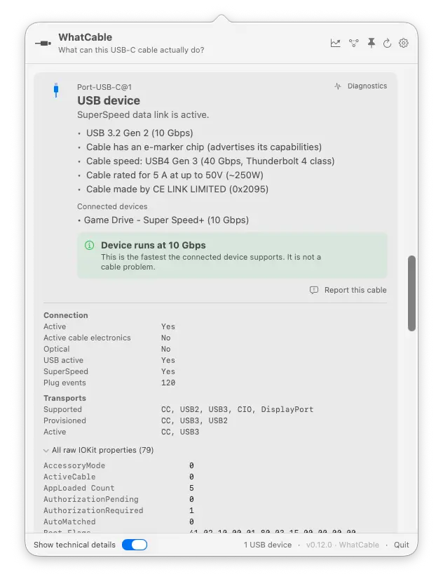 WhatCable identifying a USB4 cable in the menu bar WhatCable showing a USB-C cable identified as USB4 Gen 3, 40 Gbps, Thunderbolt 4 class, rated for 5A at 50V, with a confirmation that the connected 10 Gbps drive is running at full device speed