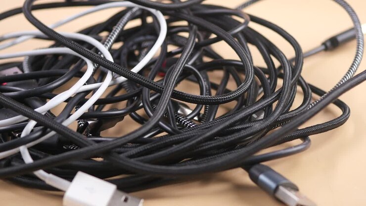A tangle of unmarked USB-C cables, none of them visibly different from each other